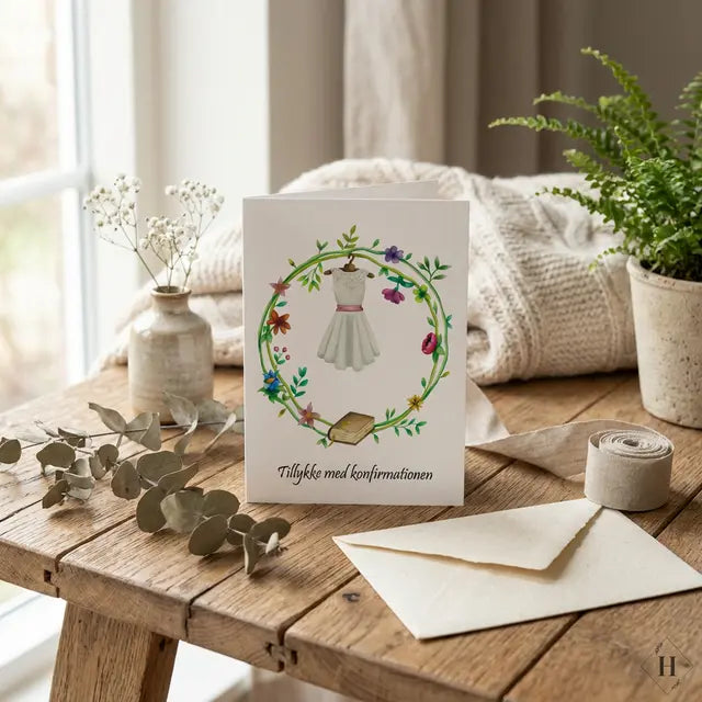 Konfirmationskort til pige - håndtegnet kjole i blomsterkrans
