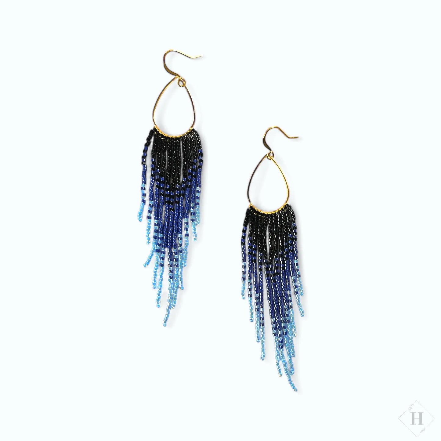 Lange frynse øreringe i miyuki perler - blå nuancer Mabalser