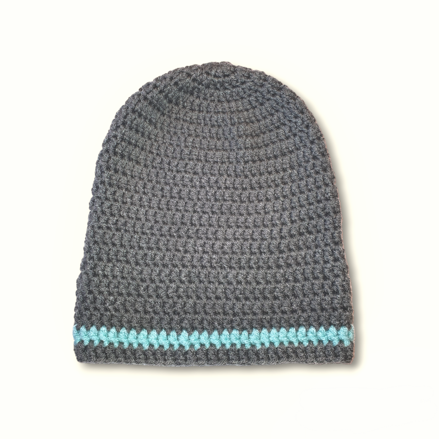 Hæklet, grå hue med mint stribe Gitte Bramm