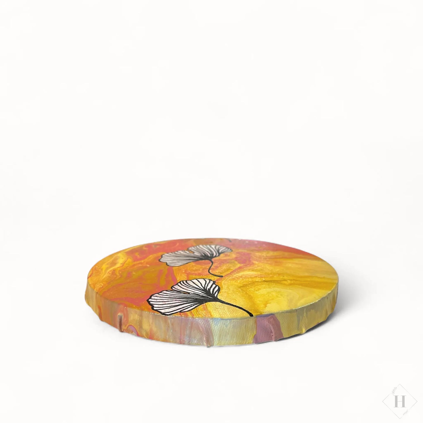 Originalt maleri - ginko biloba på rundt lærred. Øjenguf