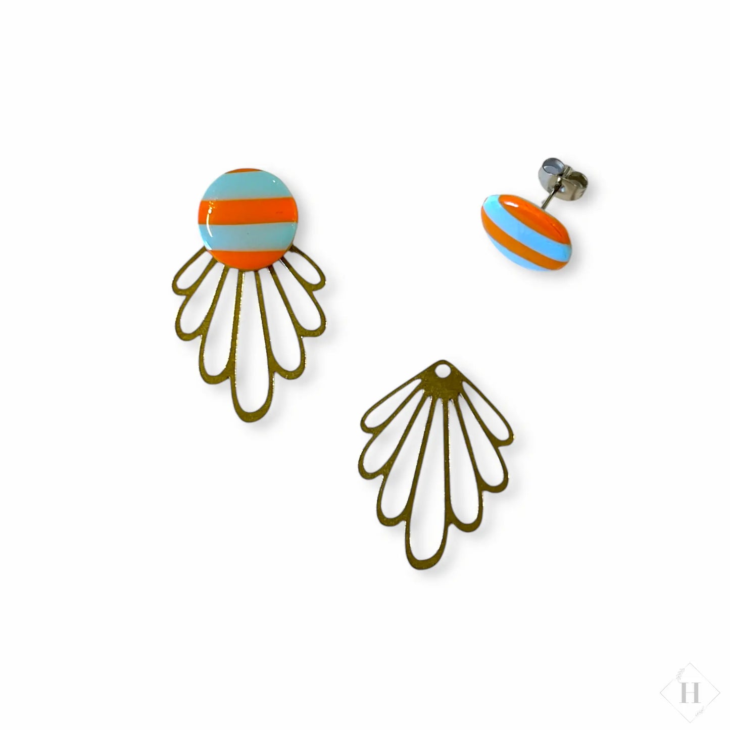 Multi ørering - Orange stribet dot med messingstykke Winther Design