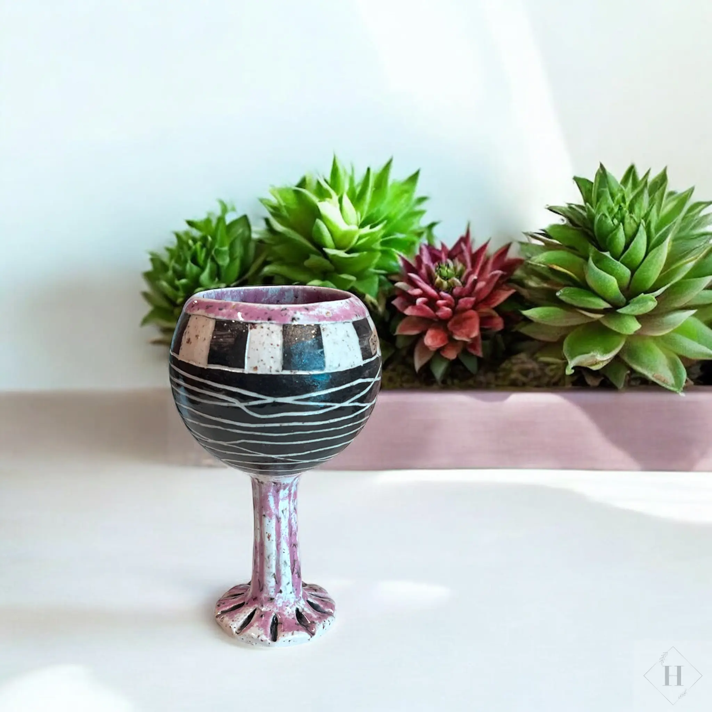 Vinglas i keramik - lyserød/sort Lisbeth Børglum
