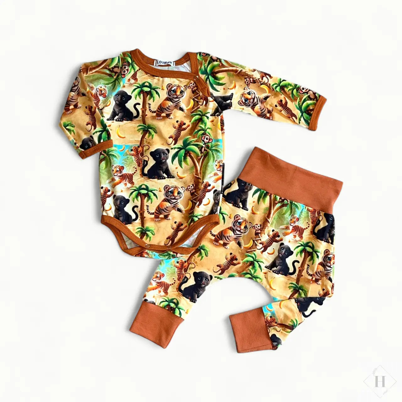 Håndlavet Baby Body og Bukser Str 62 - Blødt Jersey Sæt med baby jungle Motiv Louifax