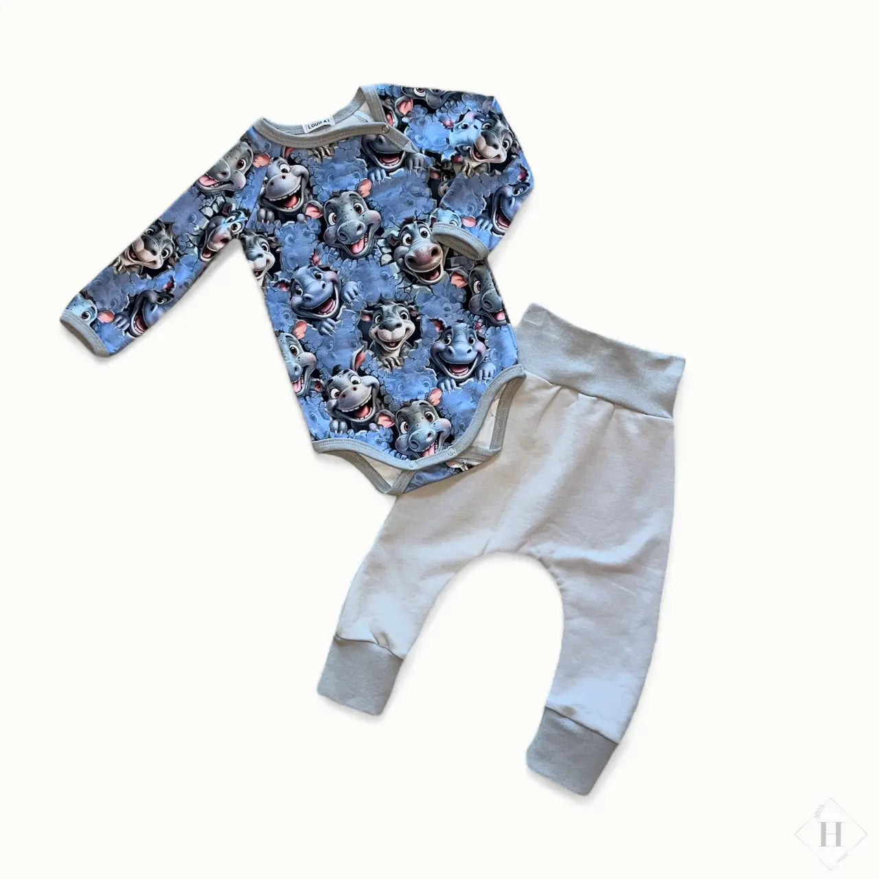 Håndlavet Baby Body og Bukser Str 74 - Blødt Jersey Sæt med flodhest motiv Louifax