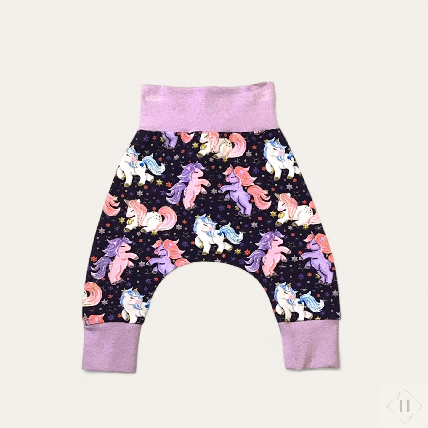Håndlavede Baby Bukser Str. 56 - Blød Jersey med Lilla Enhjørning Louifax