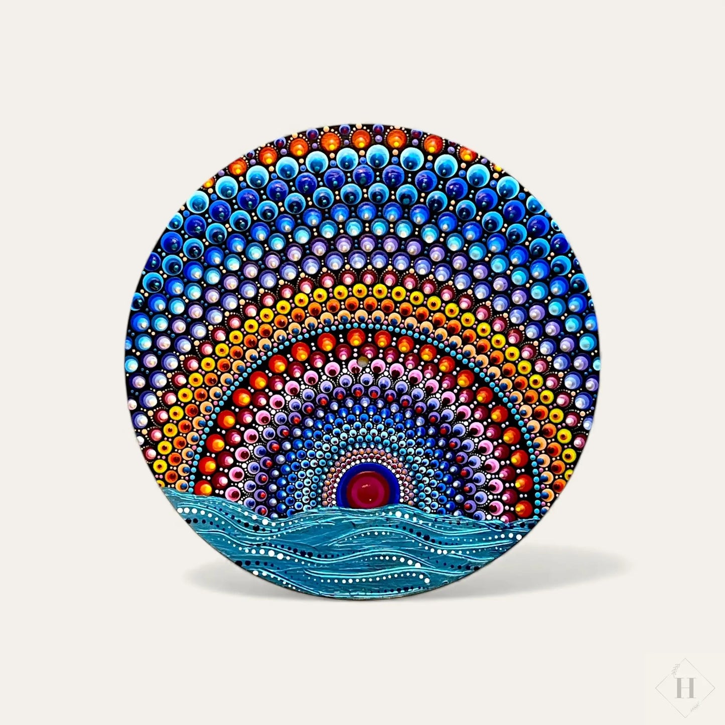 Dotart maleri på LP plade - Blå Regnbue over hav Zenjasworld