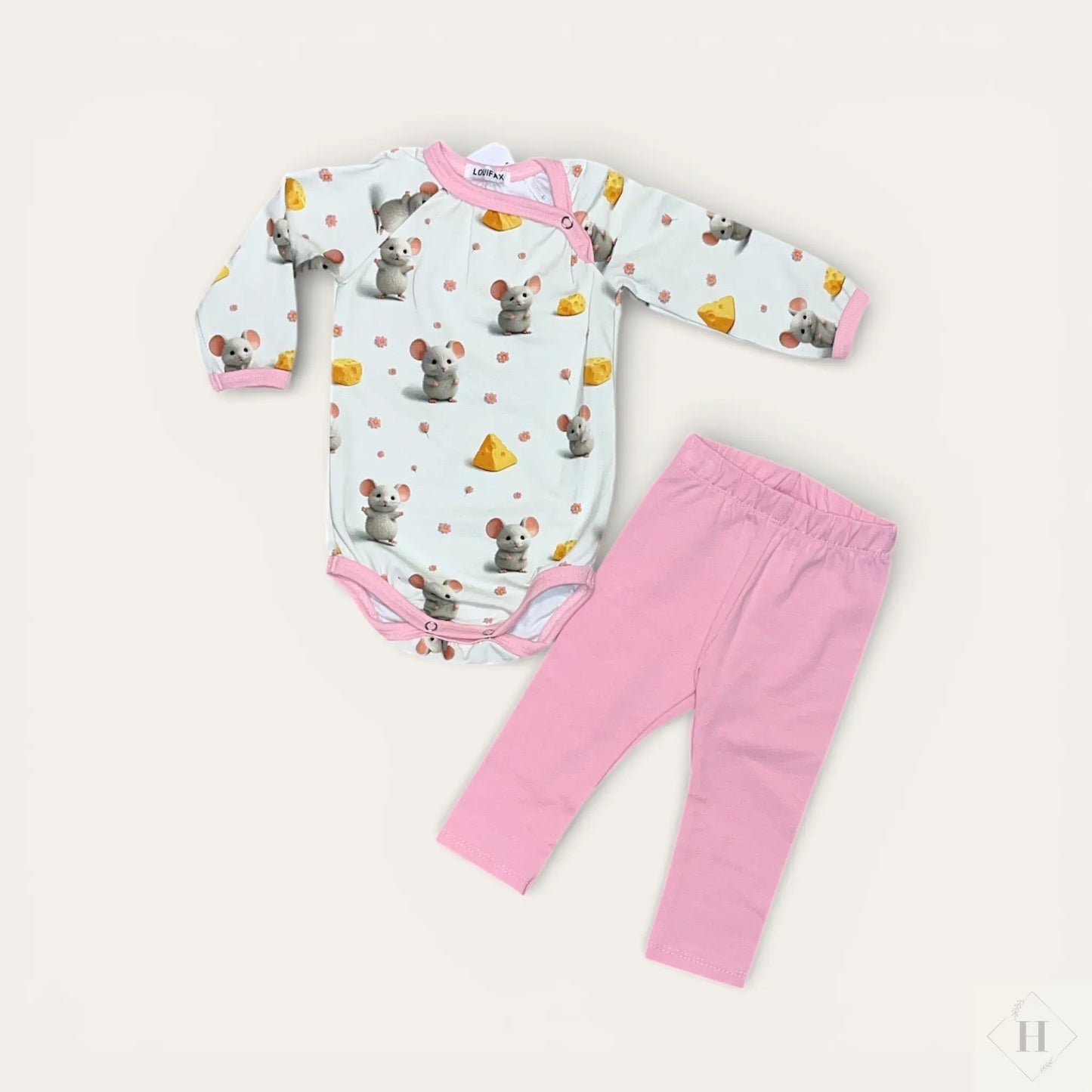 Håndlavet Baby Body og Bukser Str 62 - Blødt Jersey Sæt med mus og oste Motiv Louifax