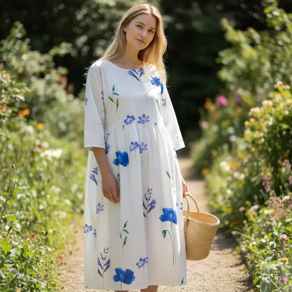 Sengetøjskjole i bomuld - blå blomster Irene Kokholm