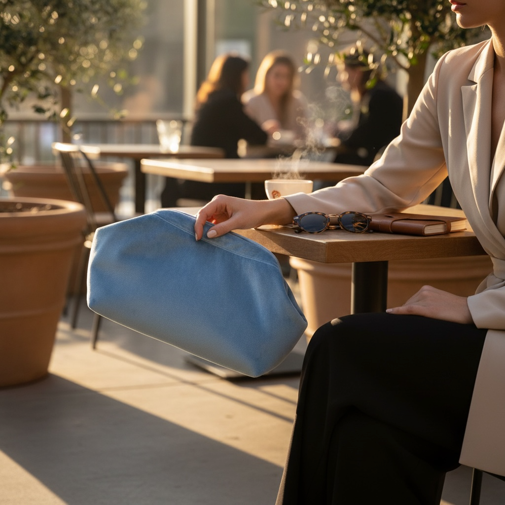 Clutch med Bøjlelukning støvet blå - Håndlavet i møbelvelour