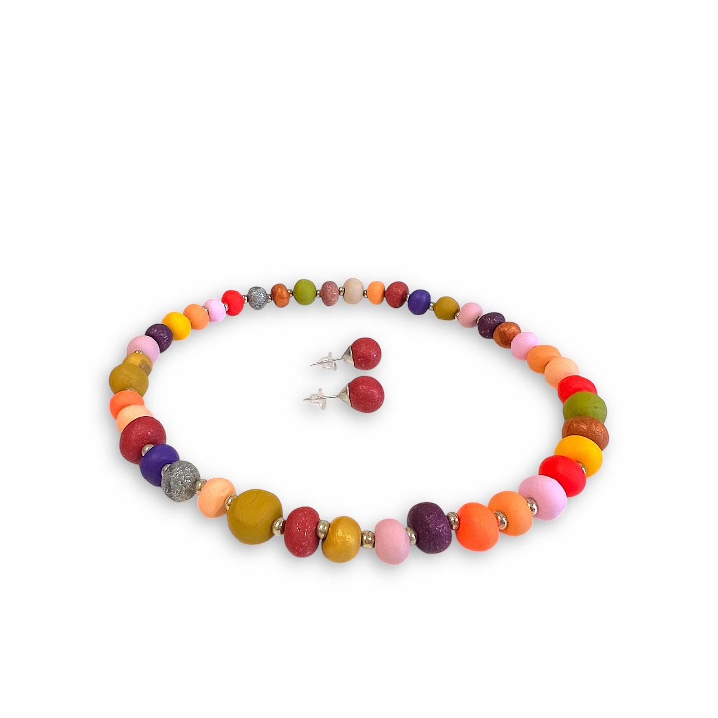 Halskæde og ørestikkere i håndlavede perler - Efterårs multi