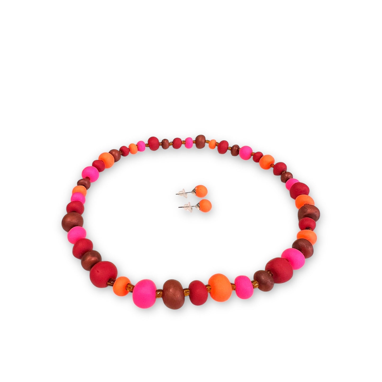 Halskæde og ørestikkere i håndlavede perler - Neon orange/rød Aldrig2ens