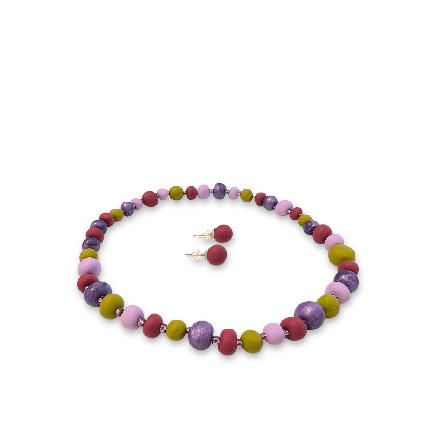 Halskæde og ørestikkere i håndlavede perler - Lilla/grøn