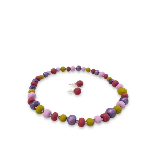 Halskæde og ørestikkere i håndlavede perler - Lilla/grøn