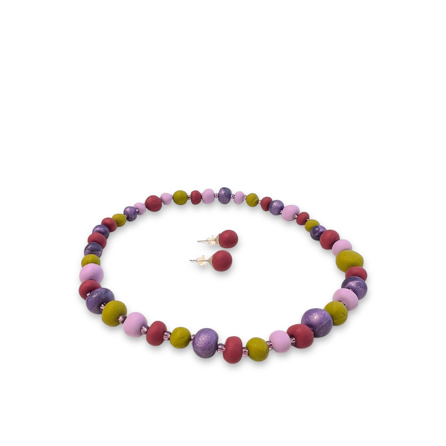 Halskæde og ørestikkere i håndlavede perler - Lilla/grøn Aldrig2ens