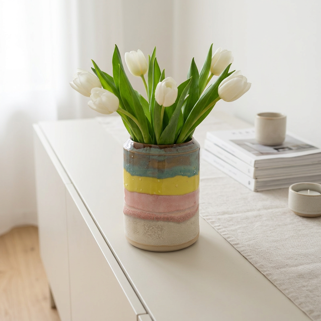 AI-genereret miljøbillede af den stribede vase med friske hvide tulipaner