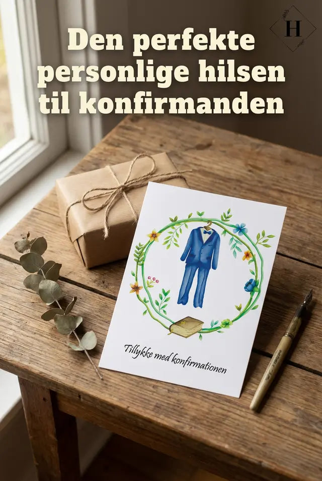 Konfirmationskort til dreng - håndtegnet jakkesæt i blomsterkrans