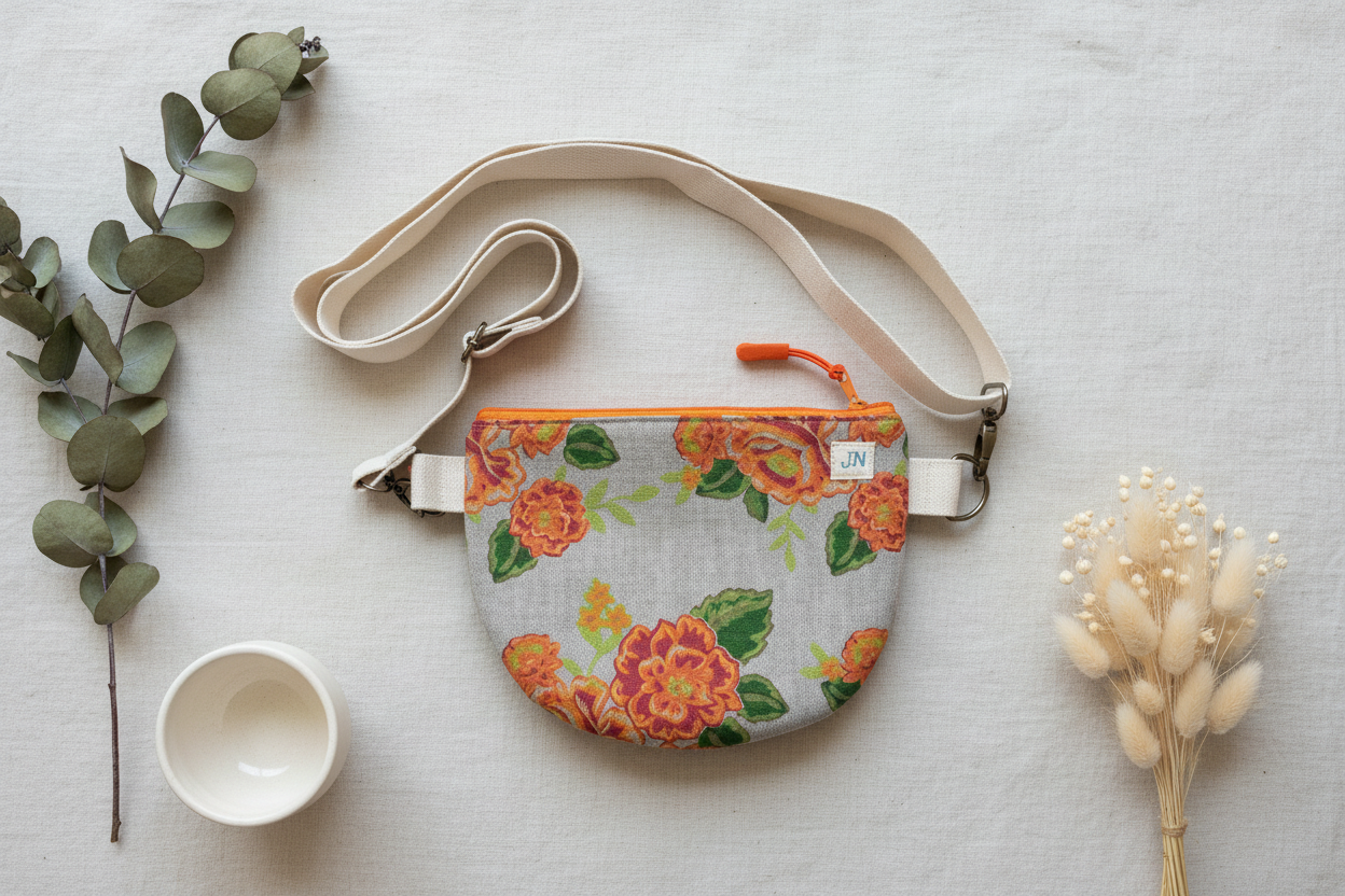 Håndlavet mini crossbody taske orange blomster – flatlay