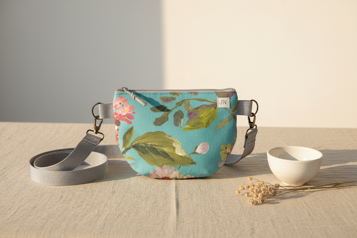 Håndlavet mini crossbody taske turkis blomster – stylet