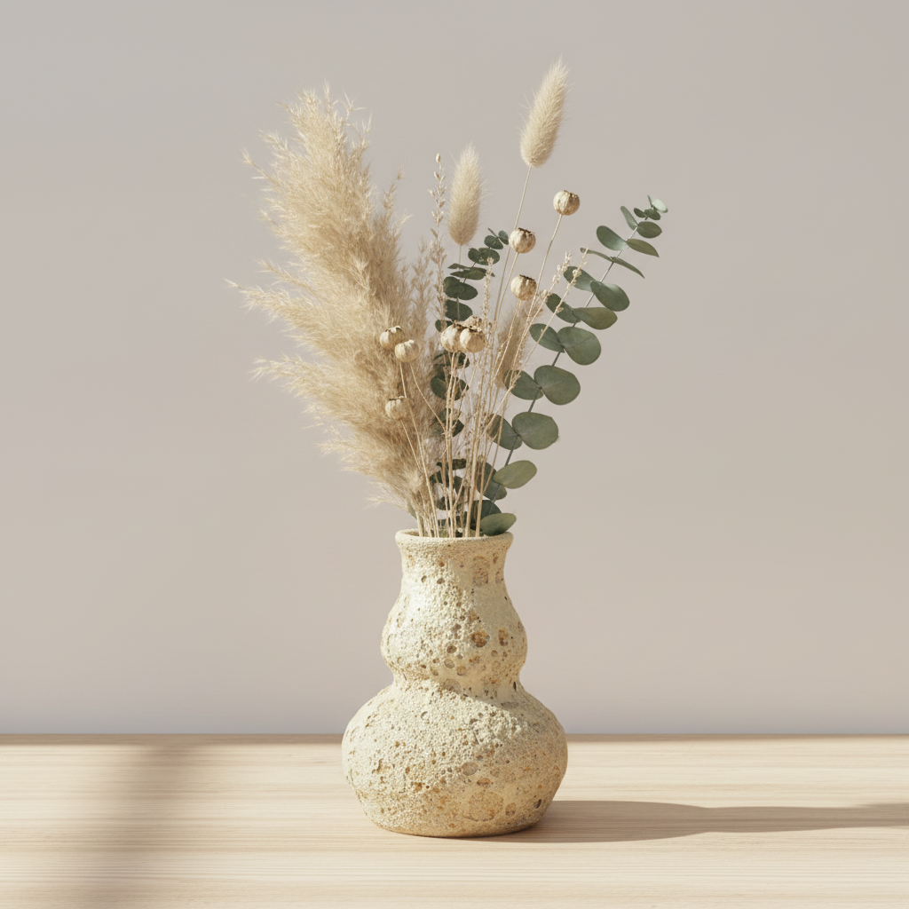 Håndlavet vase med lava glasur og tørrede blomster