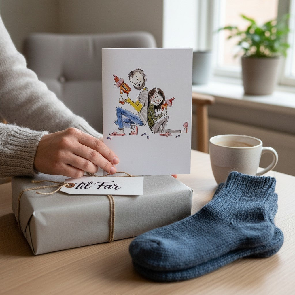 Håndlavet af A6 card featuring a father and child back-to-back with Nerf guns, perfect for Father's Day.