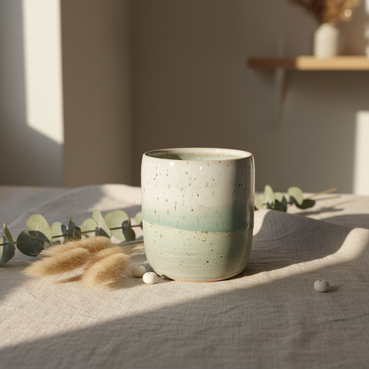 Håndlavet keramikkrus uden hank – Grågrøn med hjerte | Clay by Hornstrup