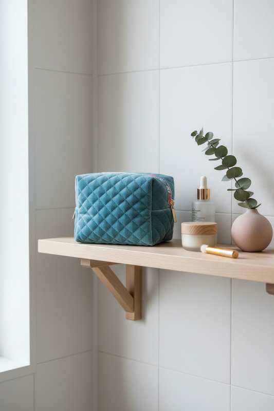 Toilettaske i quiltet velour - støvet blå