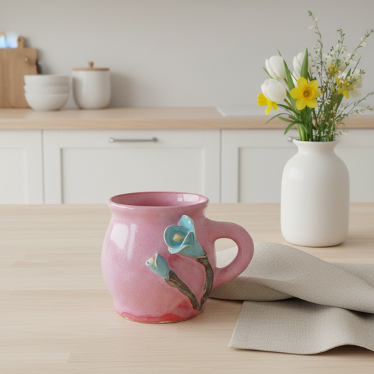 Krus med blomst – Flora, Lyserød med lyseblå blomst | RG Ceramic