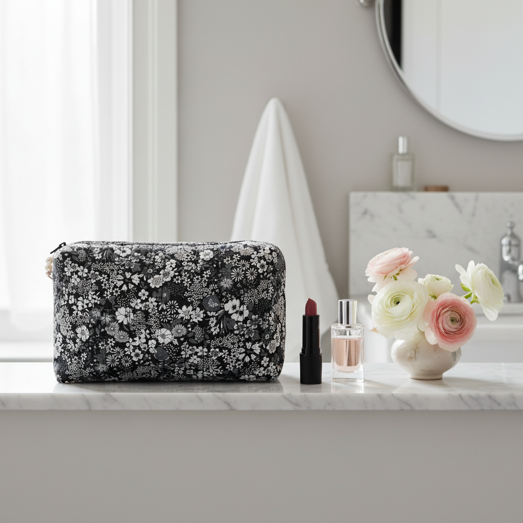 Håndlavet quiltet toilettaske – sort med hvidt blomster Mønster | Irene Kokholm