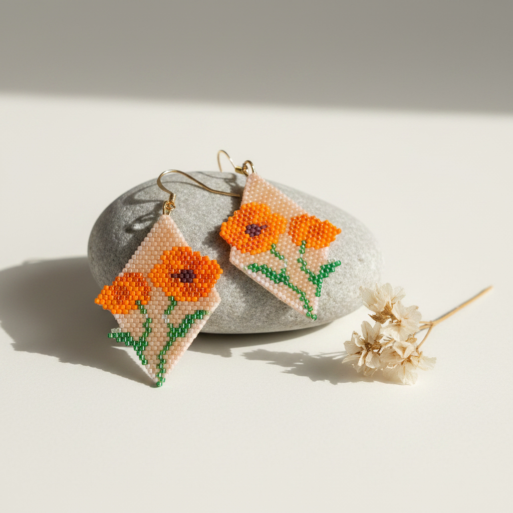 Øreringe i miyukiperler – Orange blomst | Sara Engel