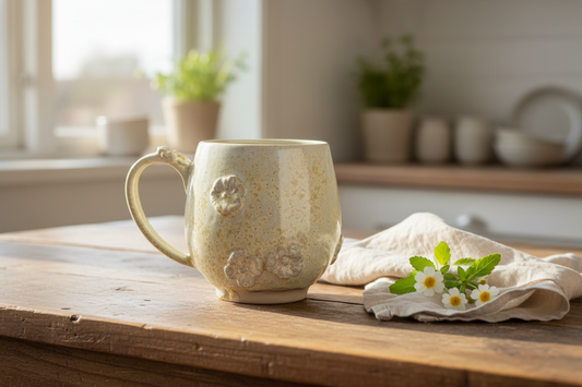 Krus med hank – Lys gul med blomster
