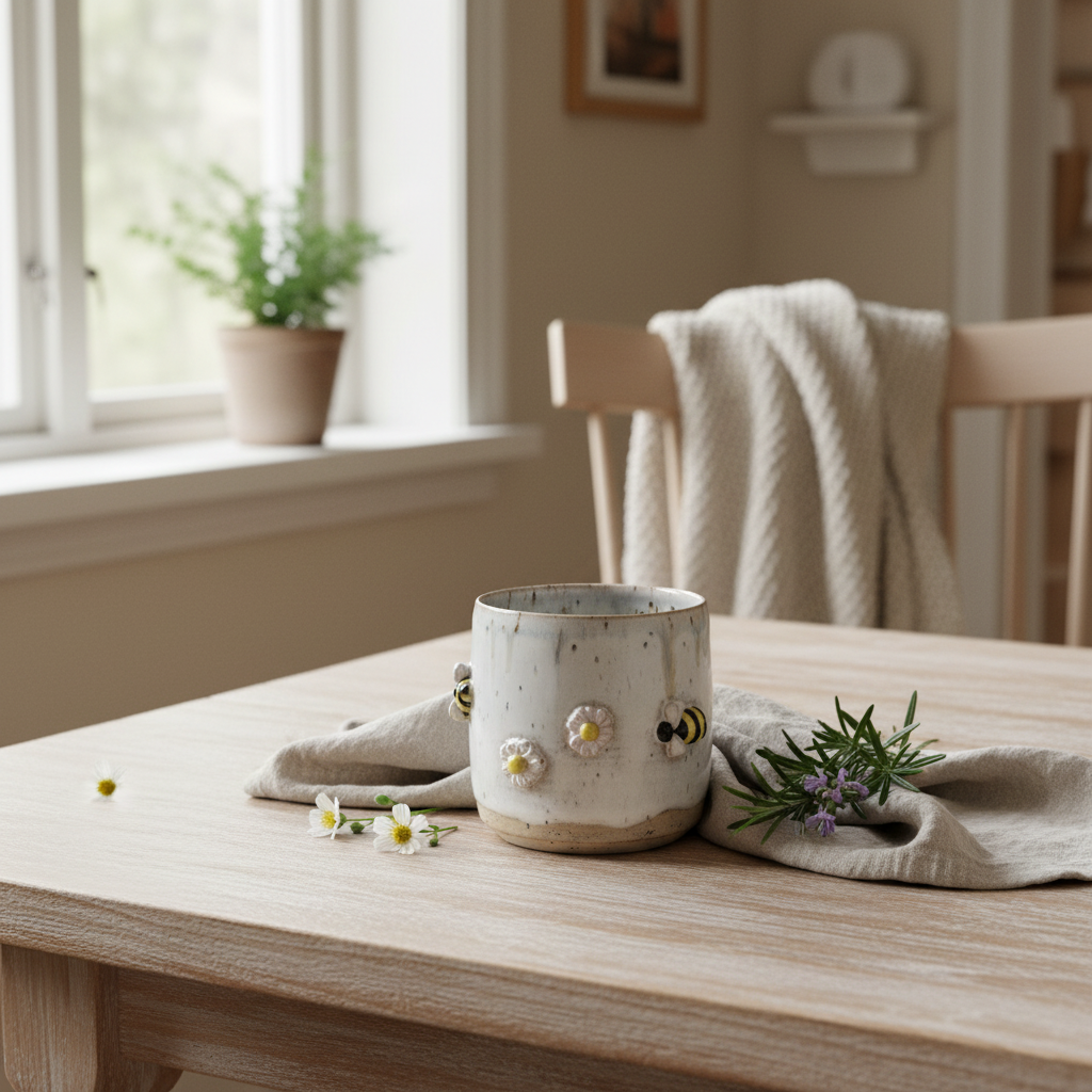 Krus uden hank – Blomster og bier | Håndlavet keramik af Clay by Hornstrup
