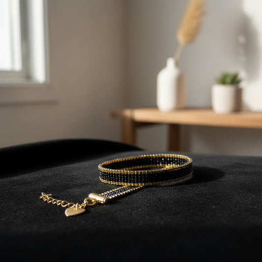 Håndlavet armbånd i miyukiperler – sort og guldbelagt | Mabalser