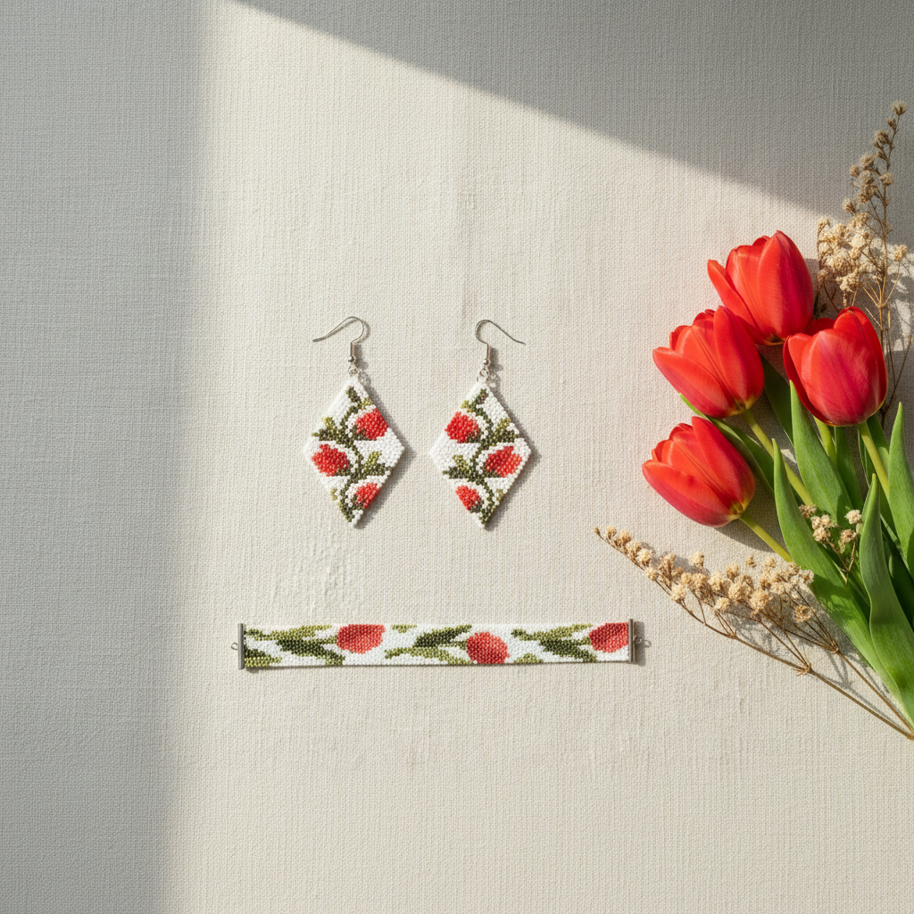 Smykkesæt i miyukiperler med tulipaner – Øreringe og armbånd | Sara Engel