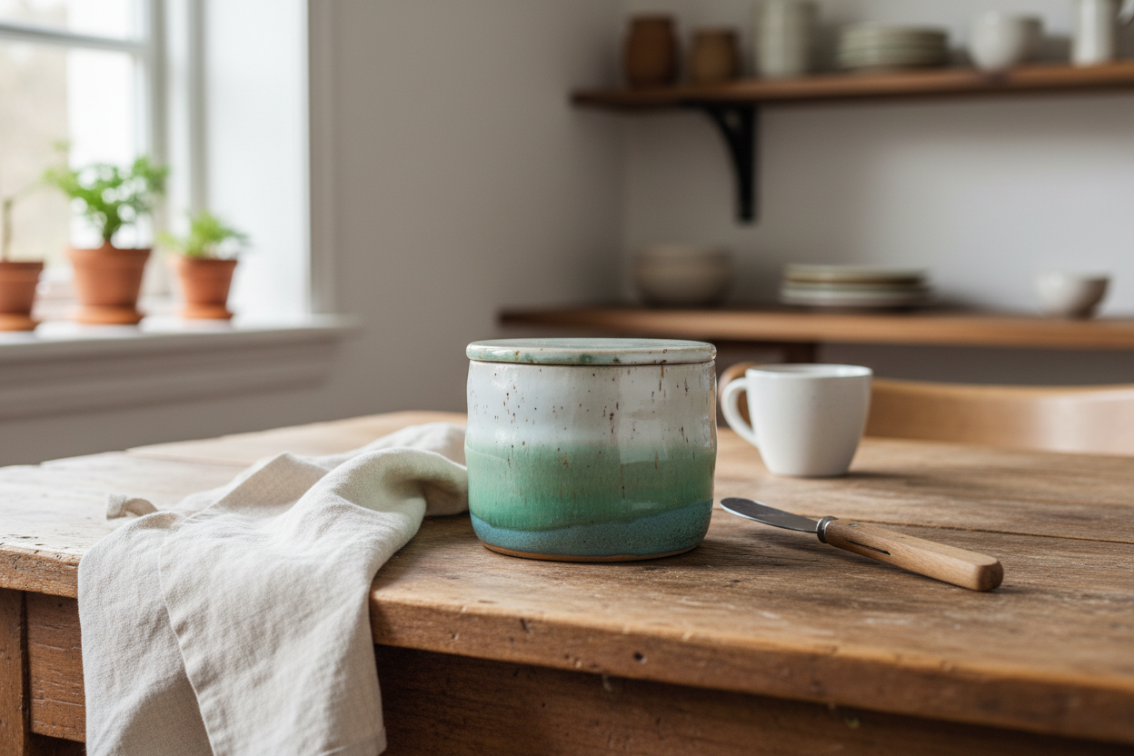 Smørklokke i grøn glasur – Håndlavet keramik af Clay by Hornstrup