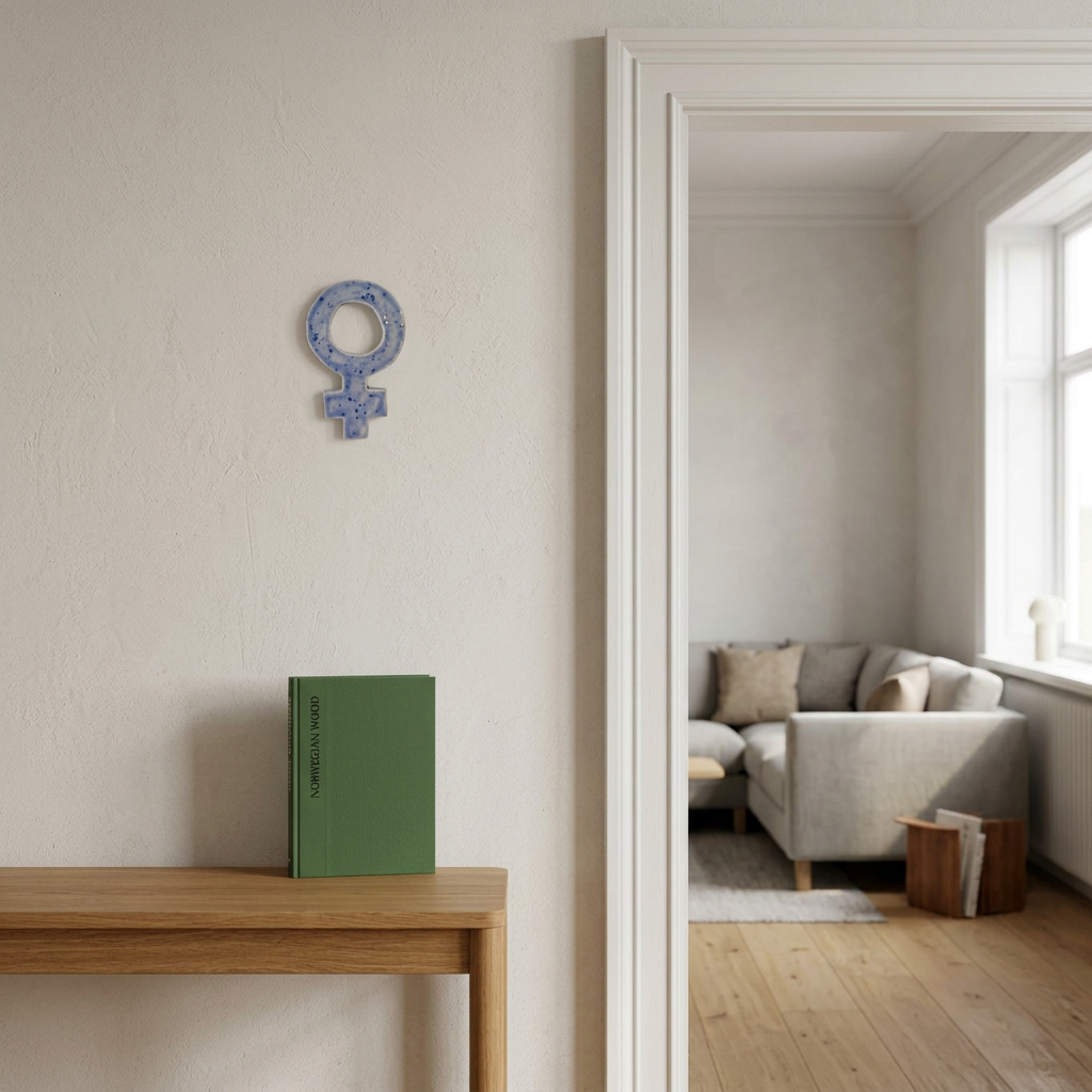 AI-genereret miljøbillede af blålilla kvindetegn i keramik med mørkeblå prikker fra KH Keramik, 13,5 × 8,5 cm, på en lys væg.