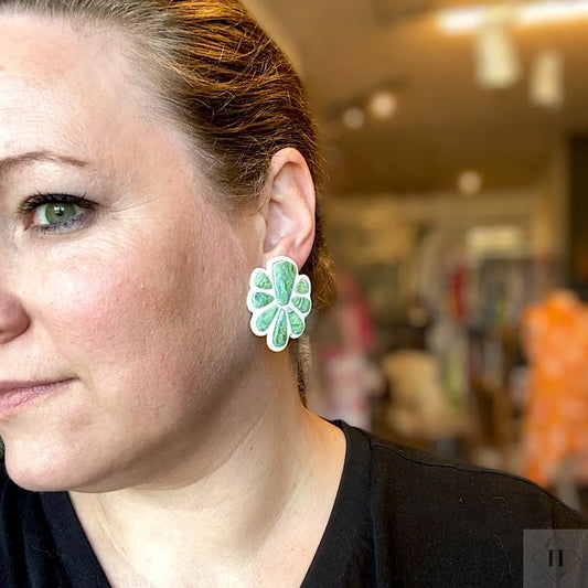 Inlay statement studs - green abstract flowers "Svala" #277 Handmade Hygge