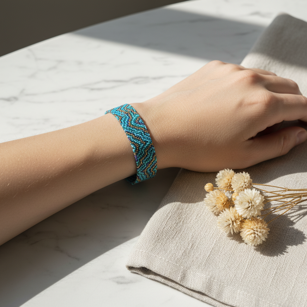 Armbånd i miyukiperler – lyseblå geode mønster | Sara Engel