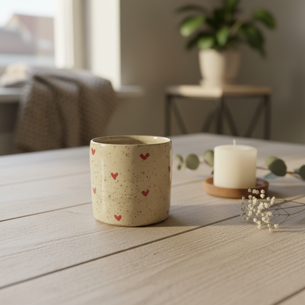Keramikkrus uden hank med røde hjerter – Håndlavet | Clay by Hornstrup