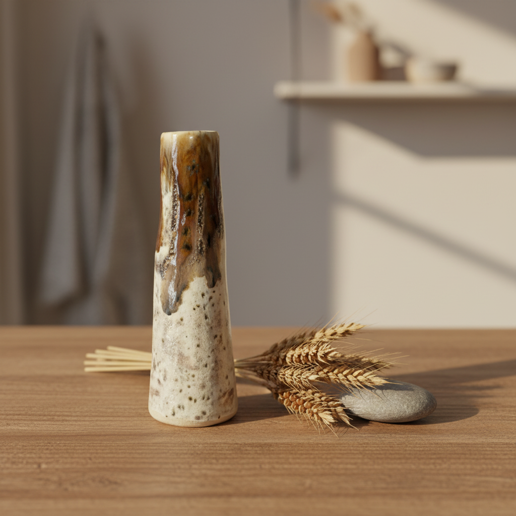 Håndformet slank vase – cremet hvid med brun drip | Lisbeth Børglum