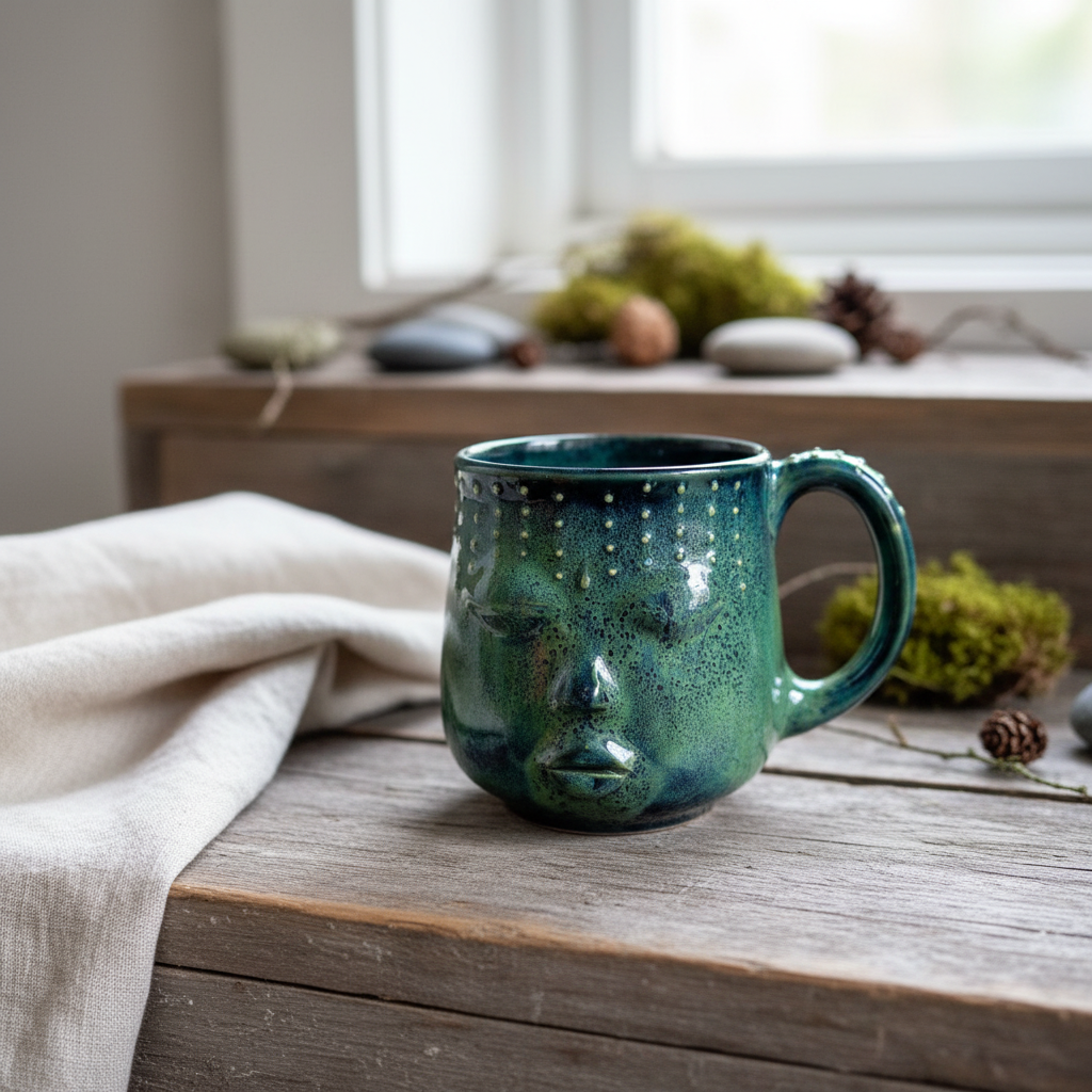 Krus med ansigt – Gaia, Dyb Blågrøn med stjærner | RG Ceramic