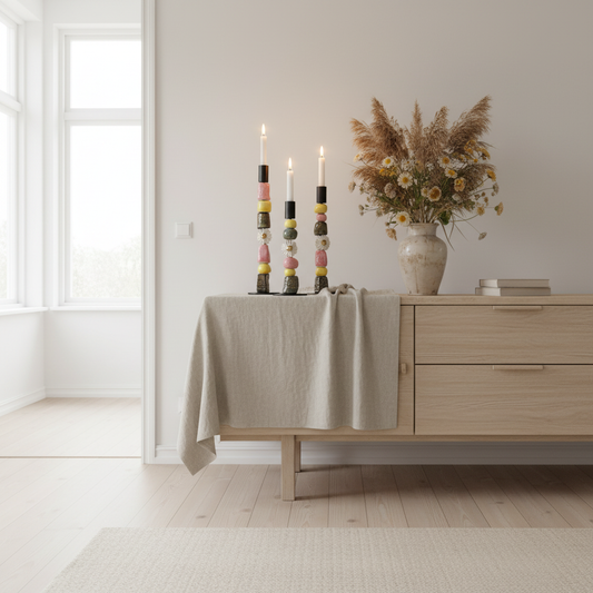 Lysestage med håndformet keramik – Gul & Rosa | Jøwjøw