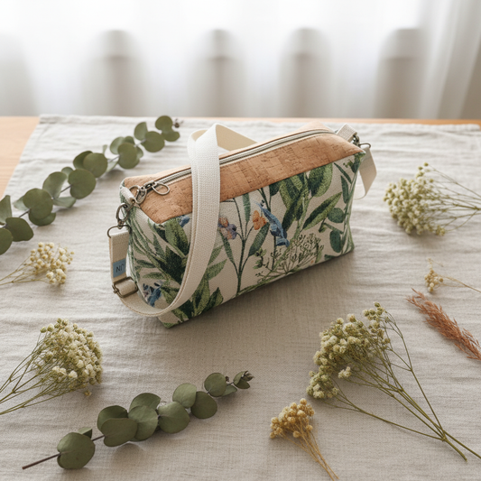 Håndlavet boxy crossbody-taske med pung – Kork & brokade med blade | Jnortheved