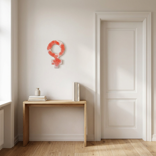 AI-genereret miljøbillede af kvindetegn i keramik i koral og rosa fra KH Keramik, 13,5 × 8,5 cm, på en lys væg.