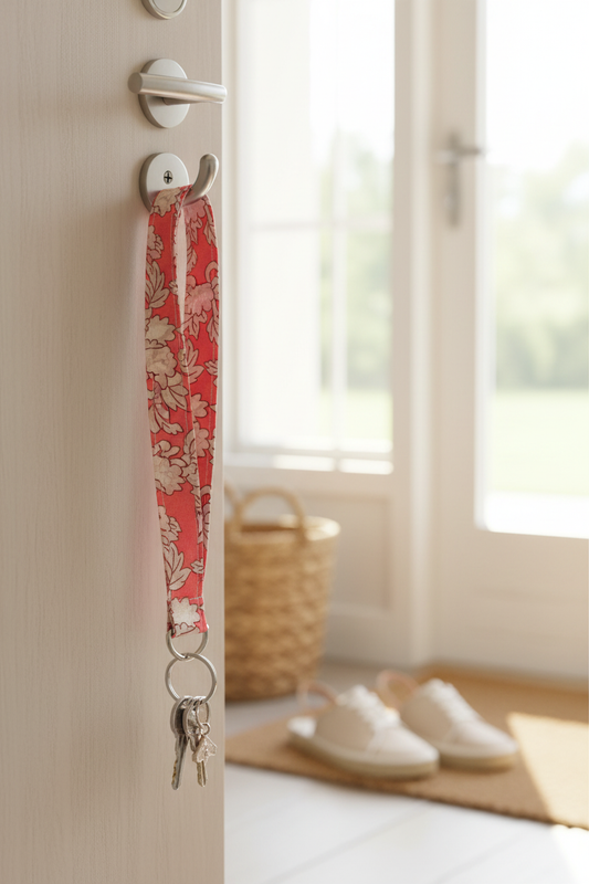 Keyhanger i stof med blomsterprint – laks | Håndlavet af Irene Kokholm