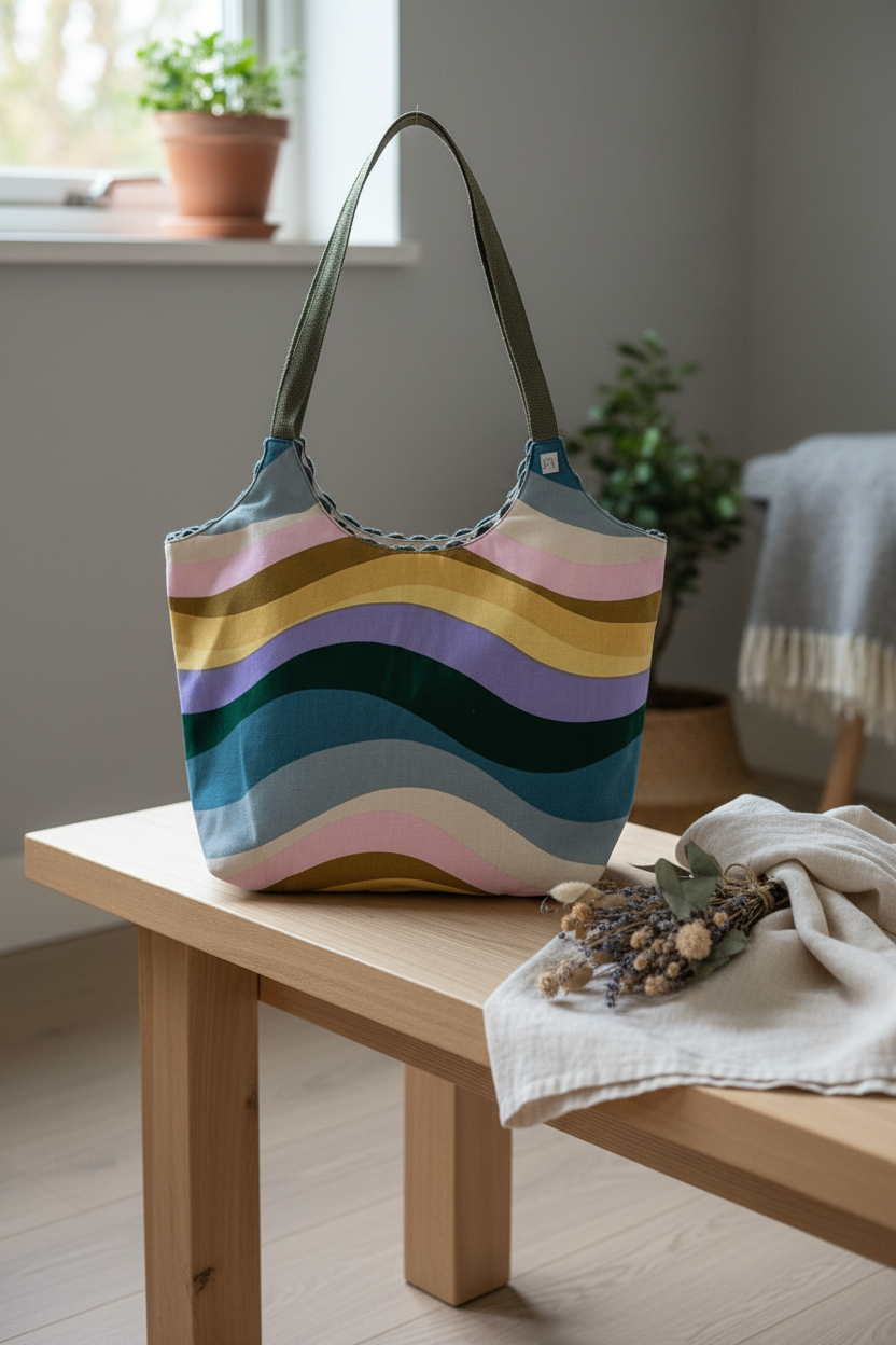 Vendbar totebag – støvet grøn/regnbue striber | JNorteved