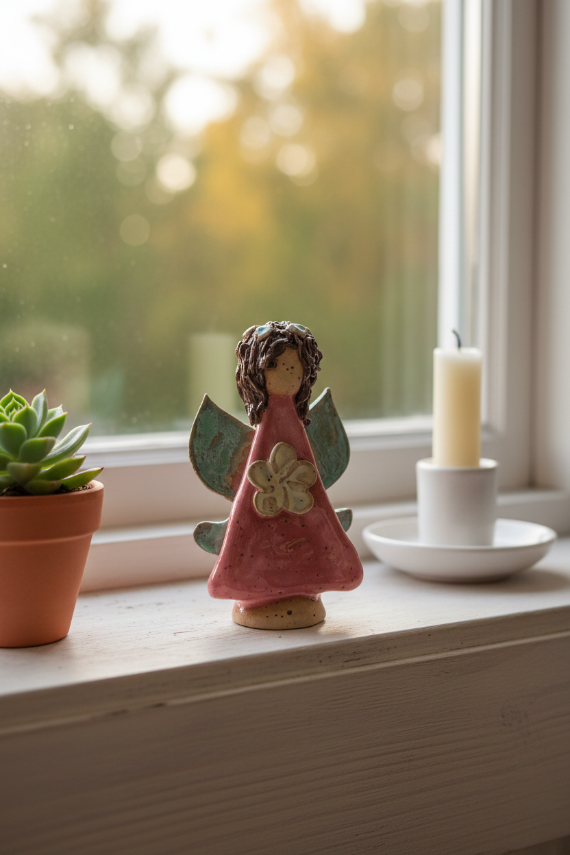 Engel i keramik - pink med hvid blomst og krøllet hår