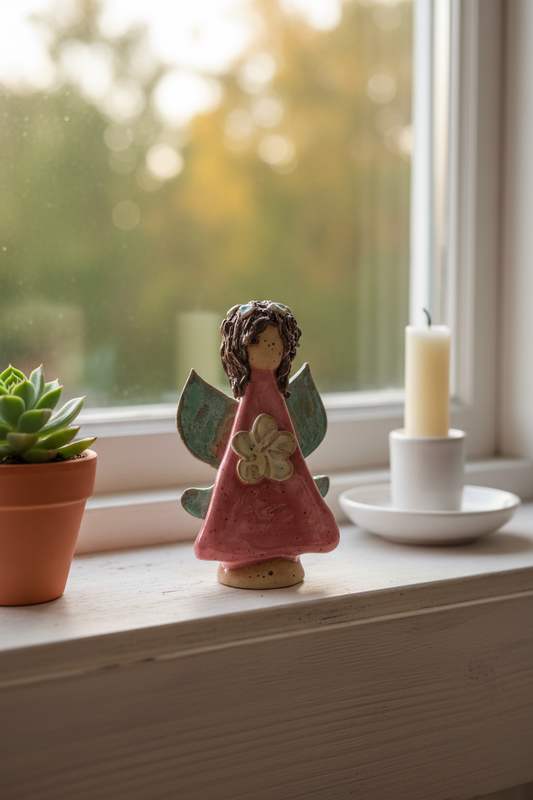 Engel i keramik - pink med hvid blomst og krøllet hår