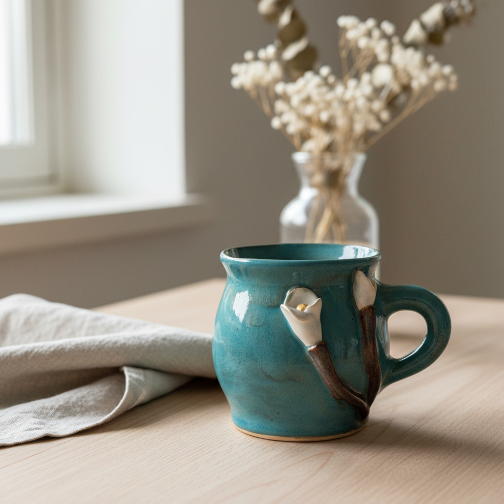 Krus med blomst – Flora, Blågrøn med hvide blomster | RG Ceramic (2.sort)