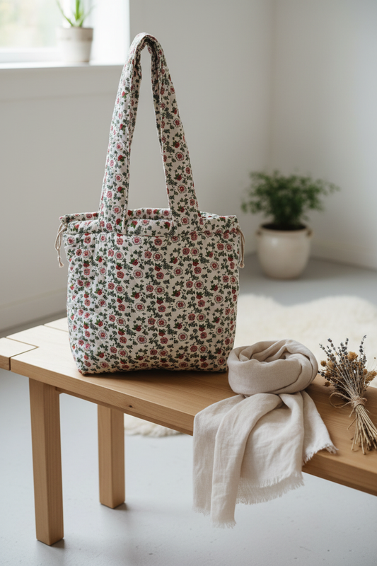 Vatteret mulepose med snorelukning – Blomstret | Irene K