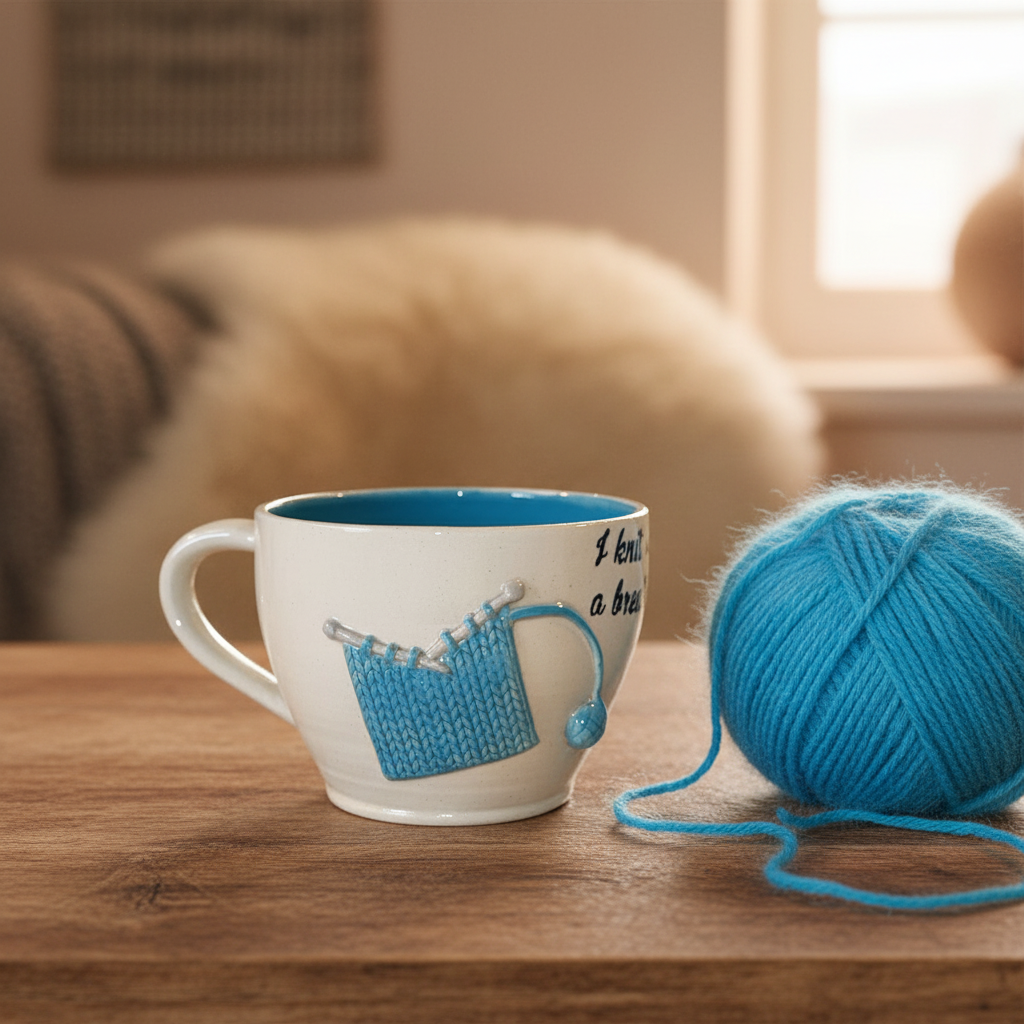 Keramikkrus med strikketøjsmotiv – „I Knit a break“, lyseblå | Helle Zinn